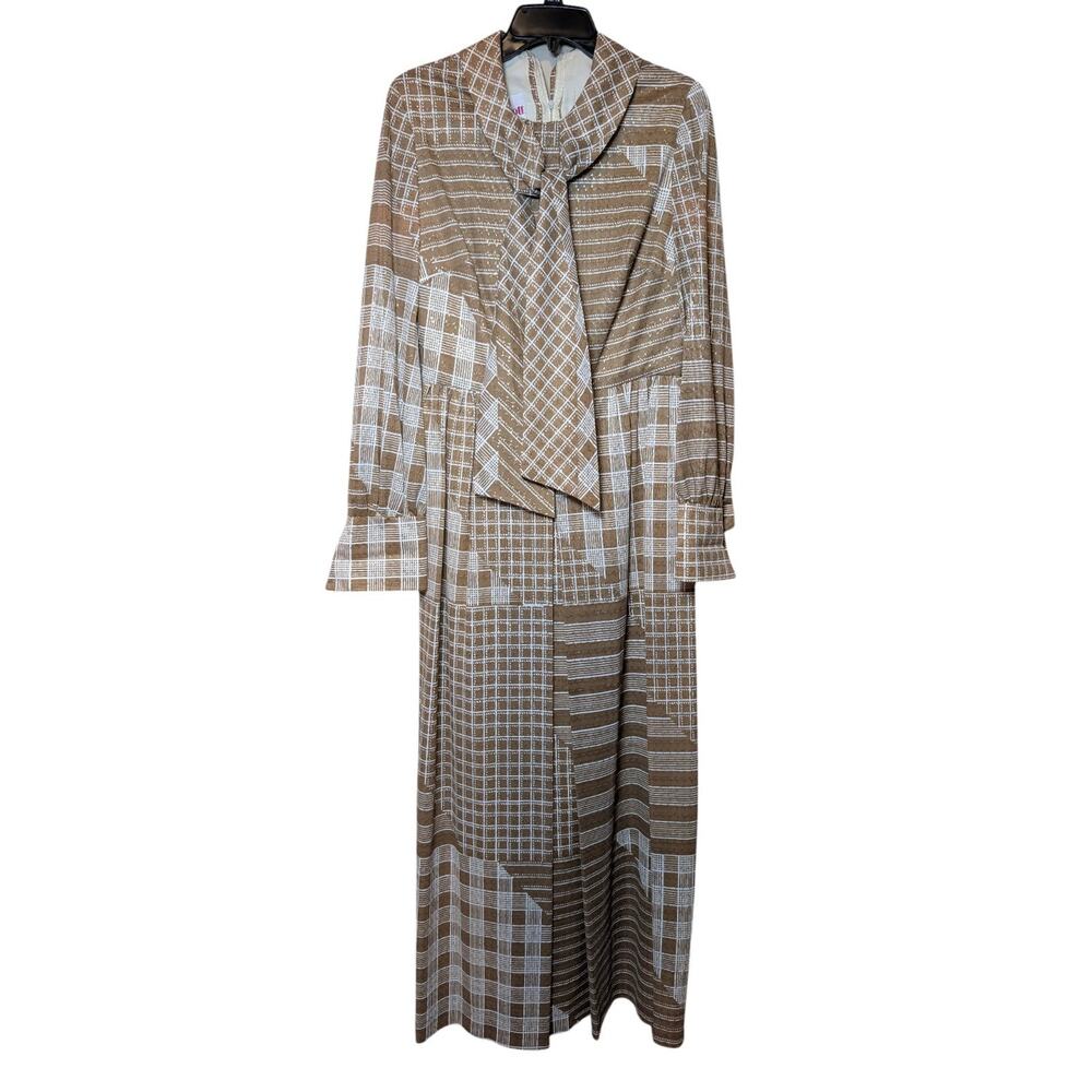 Studio 1940 1970s Geometric Gold Maxi Dress Necktie Detail Vintage Women 16
